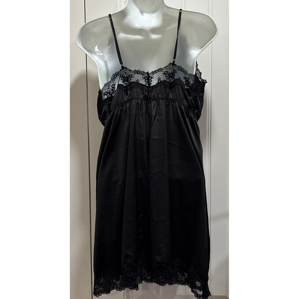 Slip Dress Nightie Nightgown black  satin lace Large EUC Elastic Waist - Picture 5 of 11